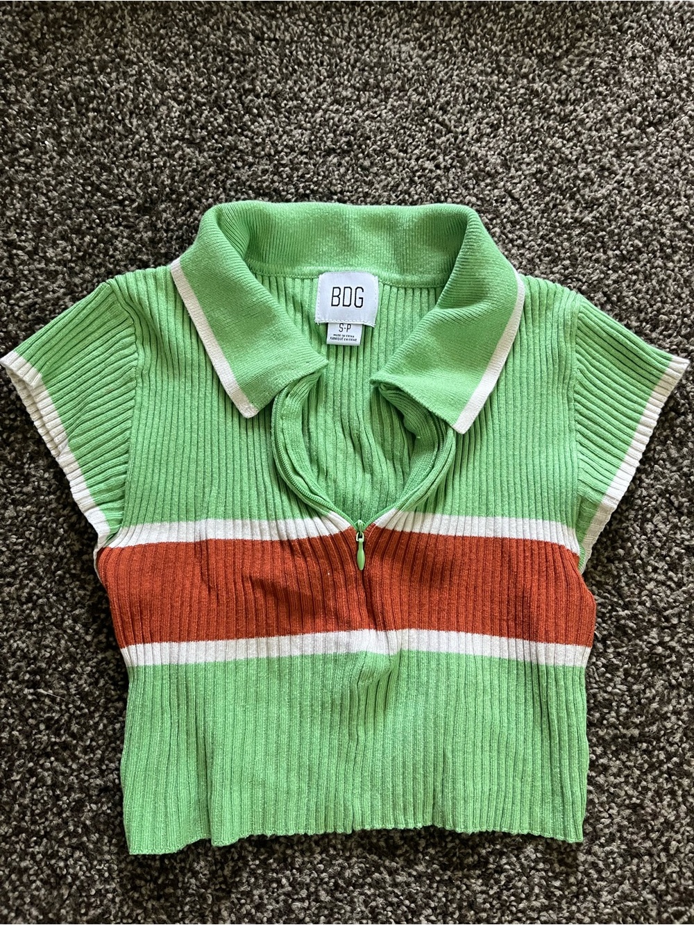 BDG Bright Green Polo Crop Top with Rust and White Stripes